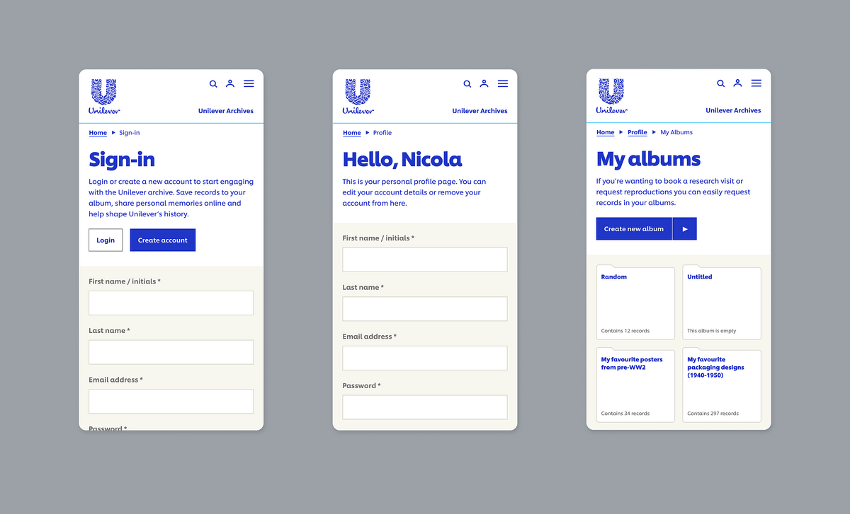 Image of Unilever Archives website on 3 mobile devices, showcasing available features for user accounts.